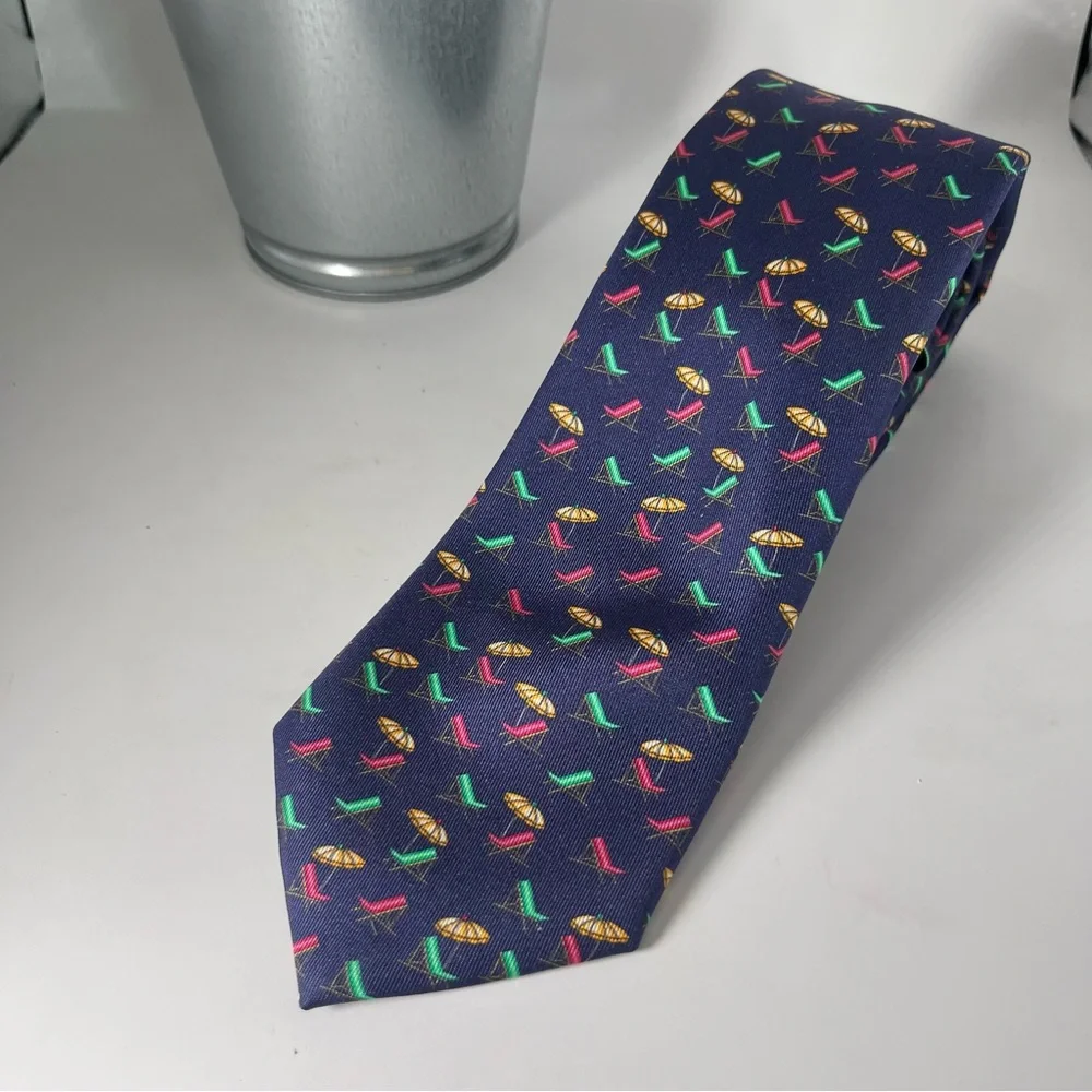Marchesi di‎ Como Silk Neck Tie Navy Pink, Green Beach Chairs, Yellow Umbrellas